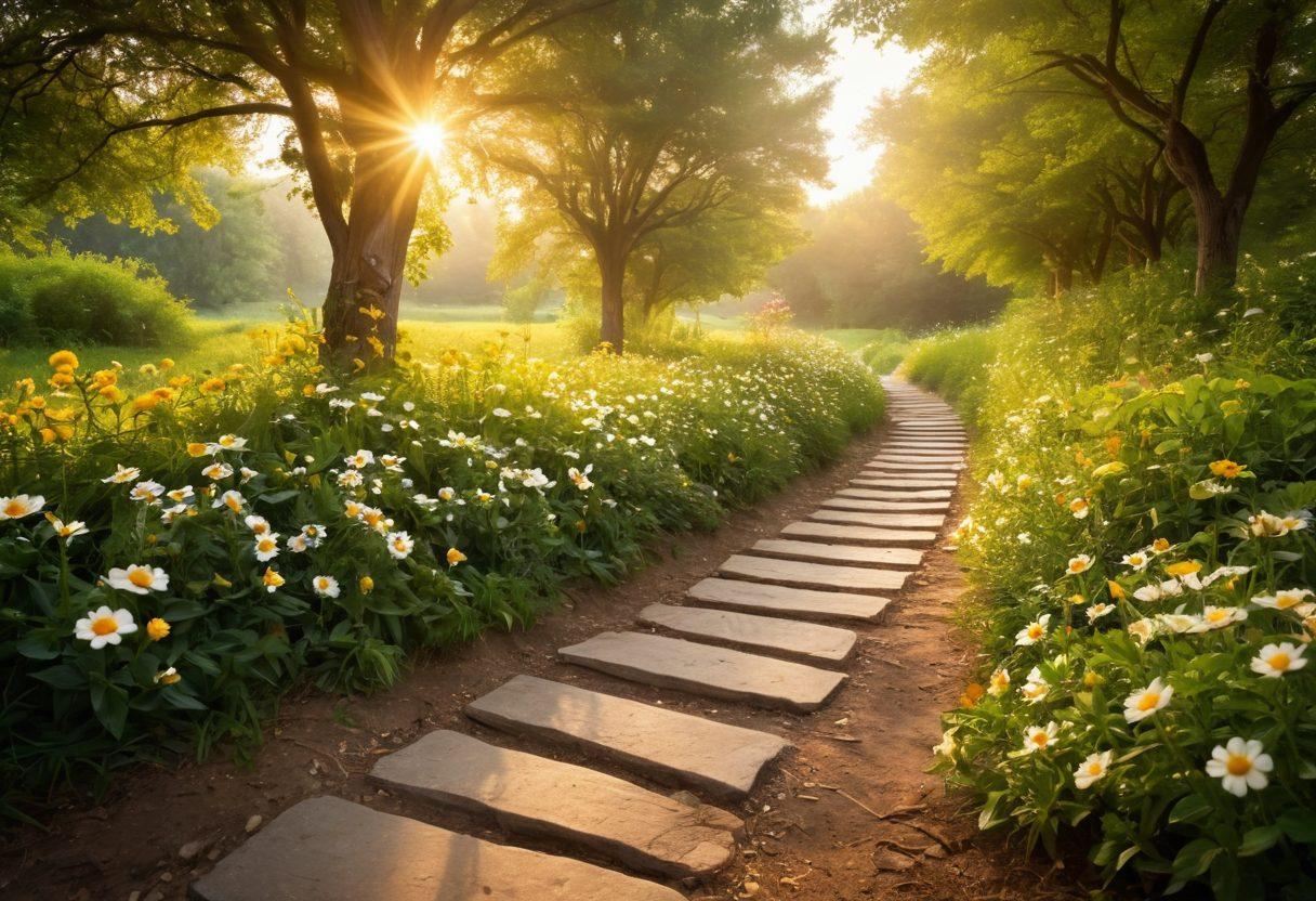 A serene pathway leading to a bright, peaceful horizon, symbolizing the journey of personal growth and contentment. Along the path, scattered symbols of credential verification like diplomas and badges transform into blooming flowers and butterflies, representing the transition from validation to happiness. A soft golden light bathes the scene, suggesting warmth and fulfillment. Elements of nature, like trees and a clear sky, enhance the tranquil atmosphere. dreamy landscape. vibrant colors. soft focus.