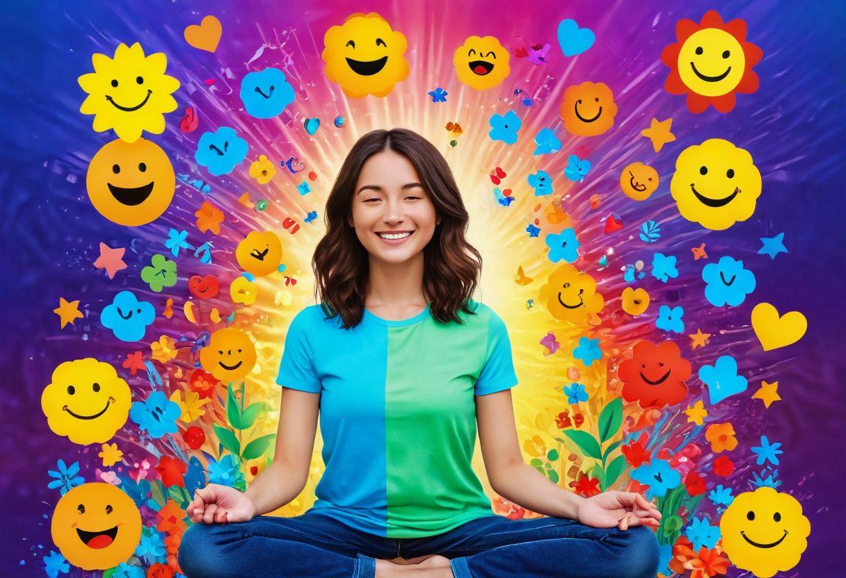 A bright and joyful scene depicting a person surrounded by colorful symbols of happiness, such as smiling emojis, sunshine, and blooming flowers, all representing positive identity. The person is in a meditative pose, radiating light and warmth, symbolizing inner peace and well-being. In the background, abstract representations of brainwaves and thoughts intertwine with the happy symbols, portraying the connection between positivity and mental health. super-realistic. vibrant colors. ethereal atmosphere.