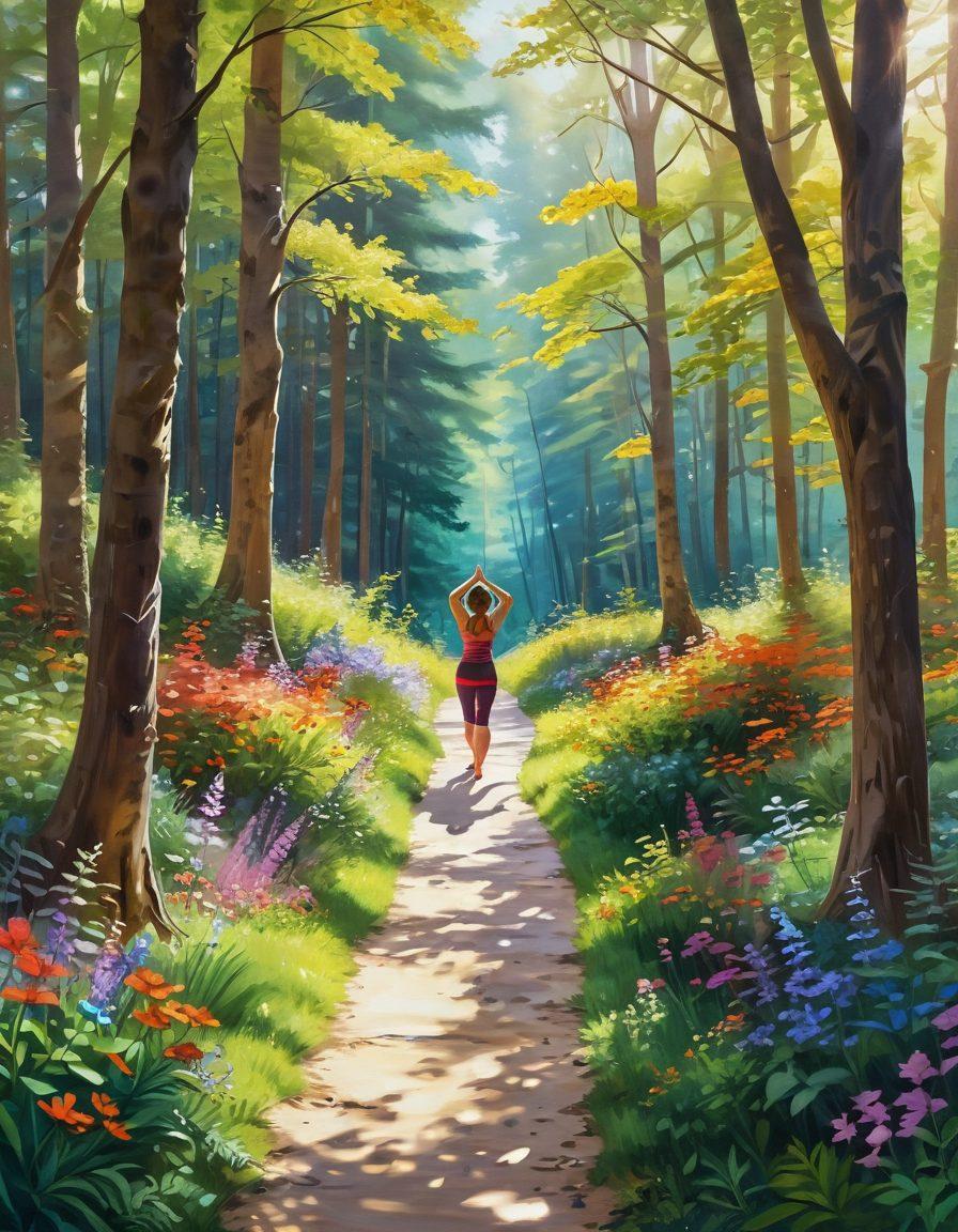 A serene landscape depicting a winding path through a vibrant, sunlit forest filled with colorful flowers and cheerful wildlife, symbolizing the journey of self-discovery and positive identification. In the foreground, a diverse group of people joyfully engaging in activities that promote well-being, such as yoga and art, while sharing smiles and laughter. The atmosphere should radiate happiness and acceptance, with soft beams of sunlight filtering through the leaves. painting. vibrant colors. uplifting mood.